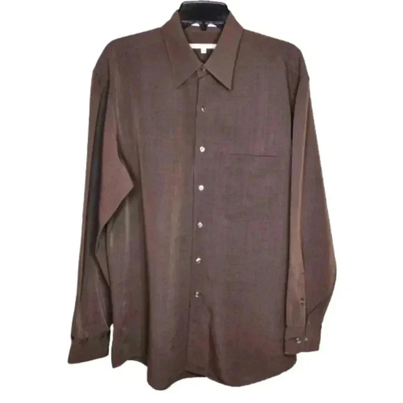 Perry Ellis Mens Chocolate Brown Rayon Poly Blend Button Down Dress Shirt Size M - Picture 1 of 8